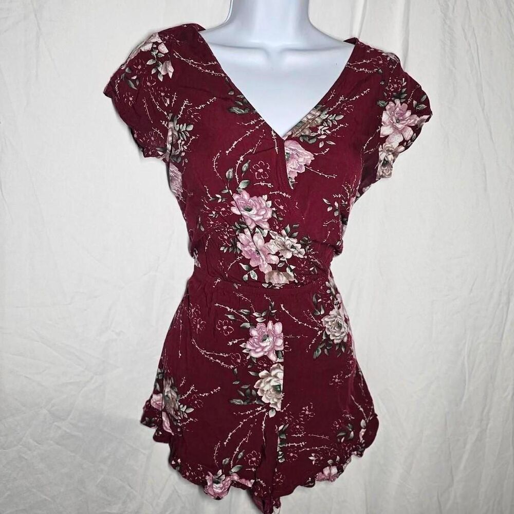 vintage y2k 2000s maroon floral short sleeve romper